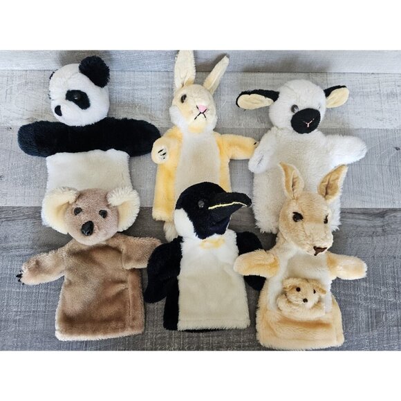 Vintage 1976 R. Dakin Hand Puppet Plush Lot 6 Animals 11” Bear Sheep Penguin + - Picture 1 of 15